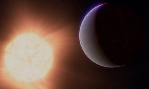 This artist’s concept shows what the exoplanet 55 Cancri e could look like. Also called Janssen, 55 Cancri e is a so-called super-Earth, a rocky planet significantly larger than Earth but smaller than Neptune, which orbits its star at a distance of only 2.25 million kilometres (0.015 astronomical units), completing one full orbit in less than 18 hours. In comparison, Mercury is 25 times farther from the Sun than 55 Cancri e is from its star. The system, which also includes four large gas-giant planets, is located about 41 light-years from Earth, in the constellation Cancer.