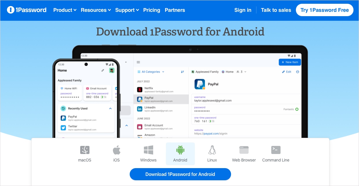 1Password Android webpage.