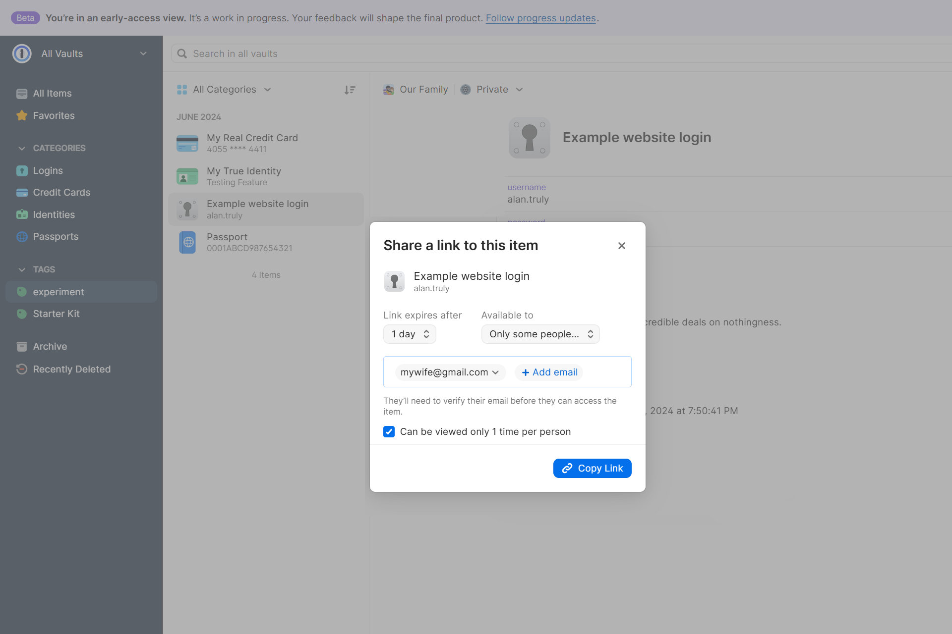 1Password me permite colocar limites em logins compartilhados para que o link seja acessível apenas por certas pessoas e expire se não for utilizado.