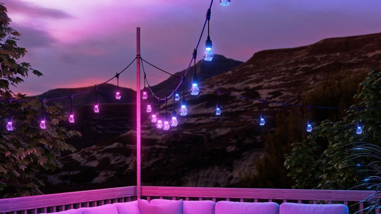 The Nanoleaf Matter Outdoor String Lights glowing blue and purple.
