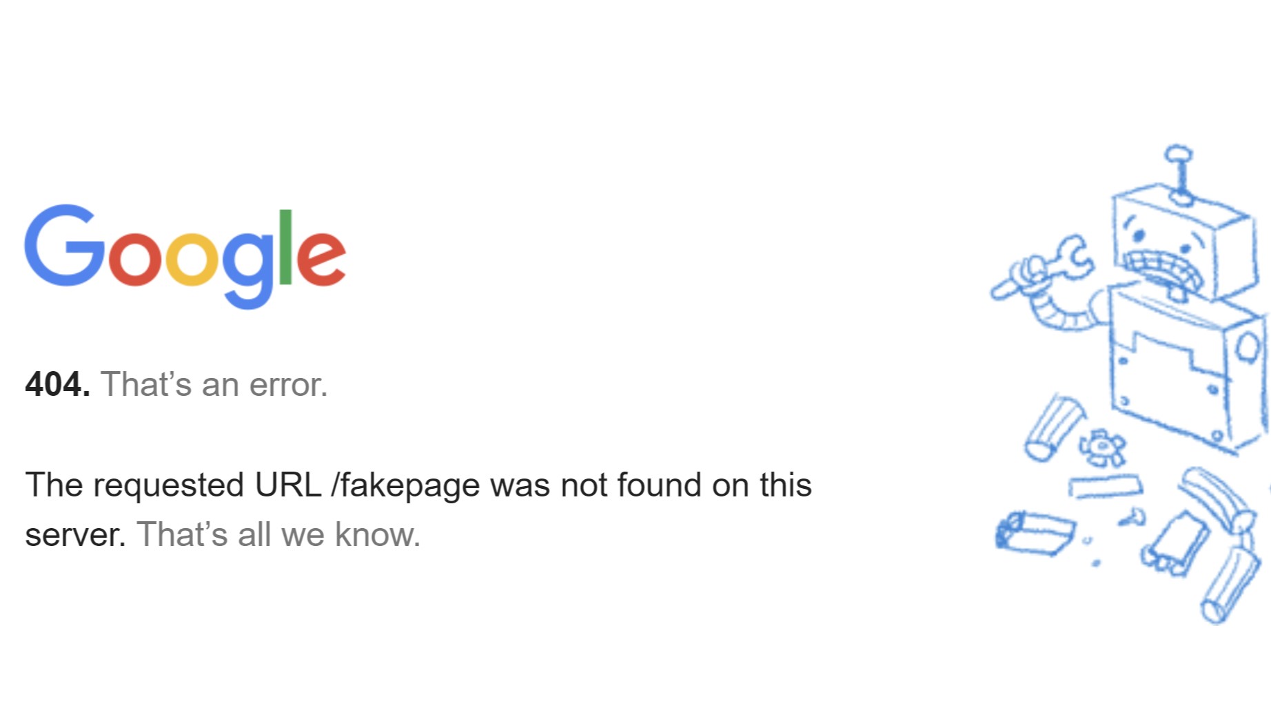 Google's funny way of showing 404 error with a broken robot.