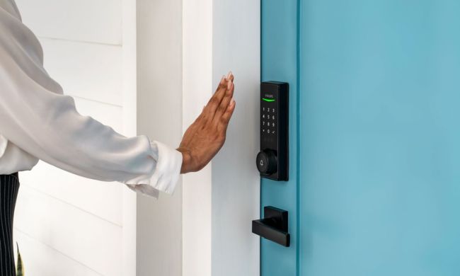 The Philips Palm Reader smart lock on a blue door.