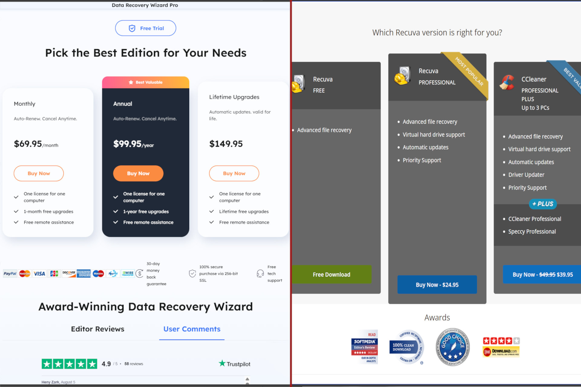 A split-view shows EaseUS Data Recovery Wizard Pro and Recuva Professional pricing.