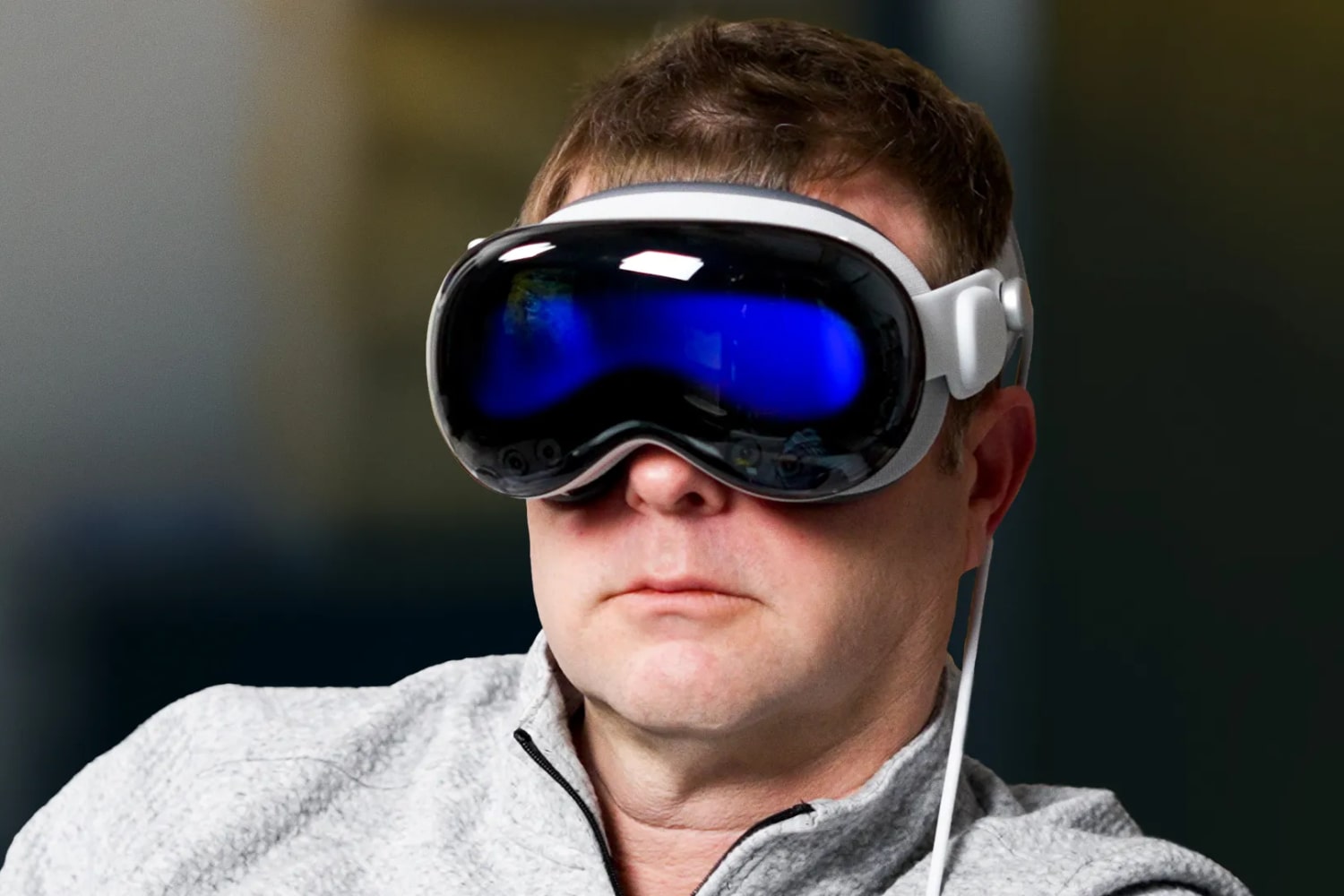 A person wearing an Apple Vision Pro headset.