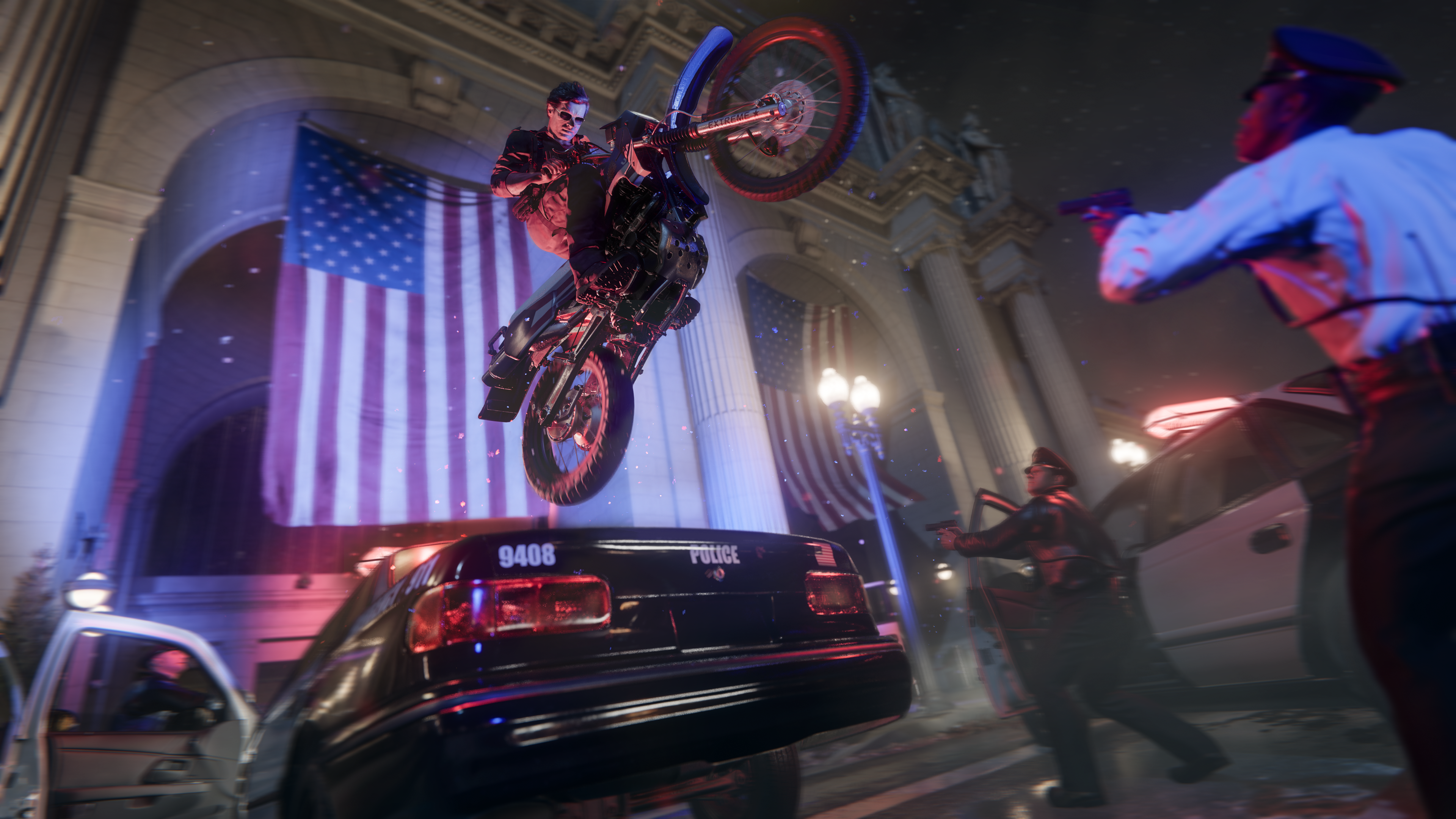 Una motocicleta salta sobre un coche en Call of Duty: Black Ops 6.