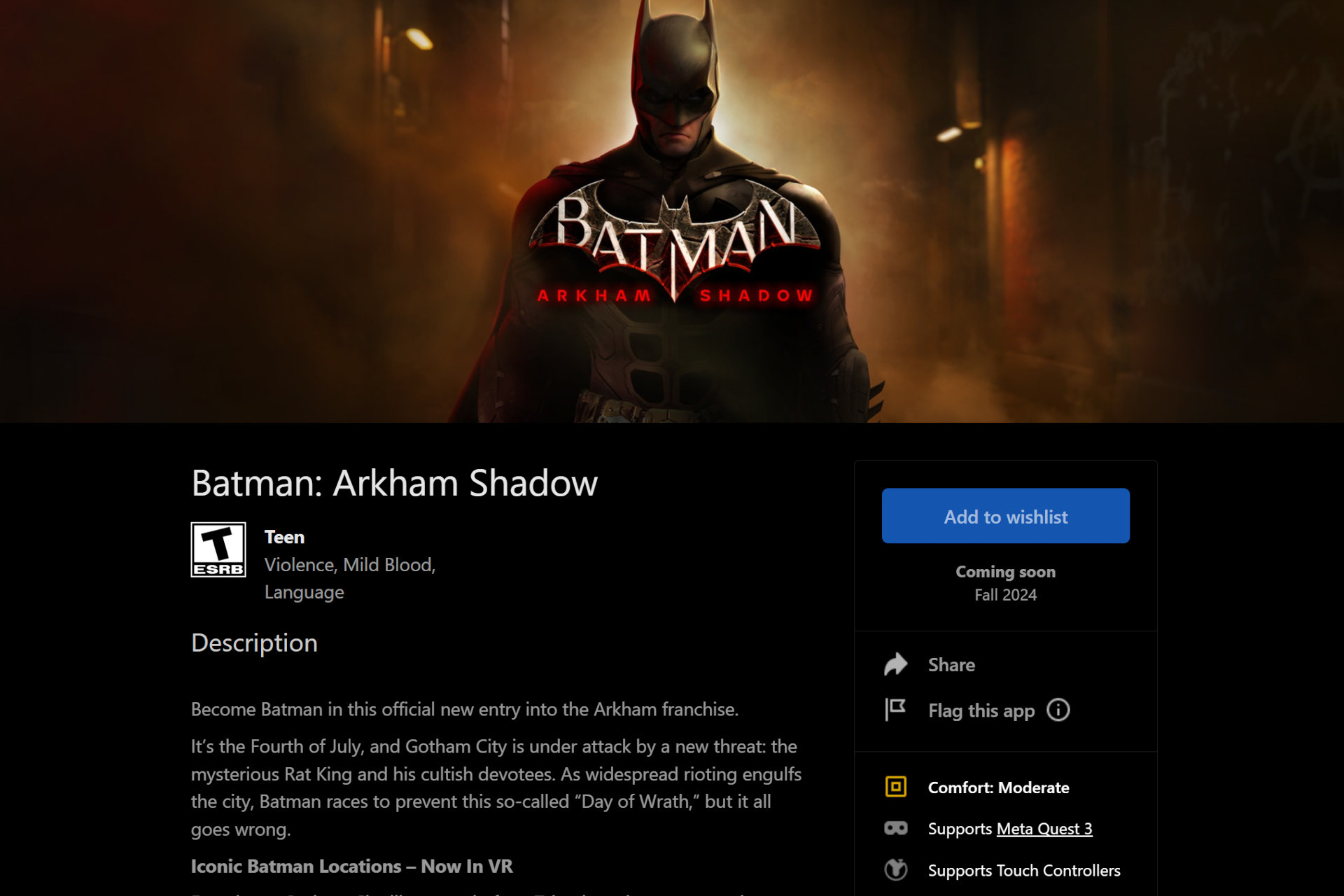 Batman Arkham Shadow will only support the Meta Quest 3.