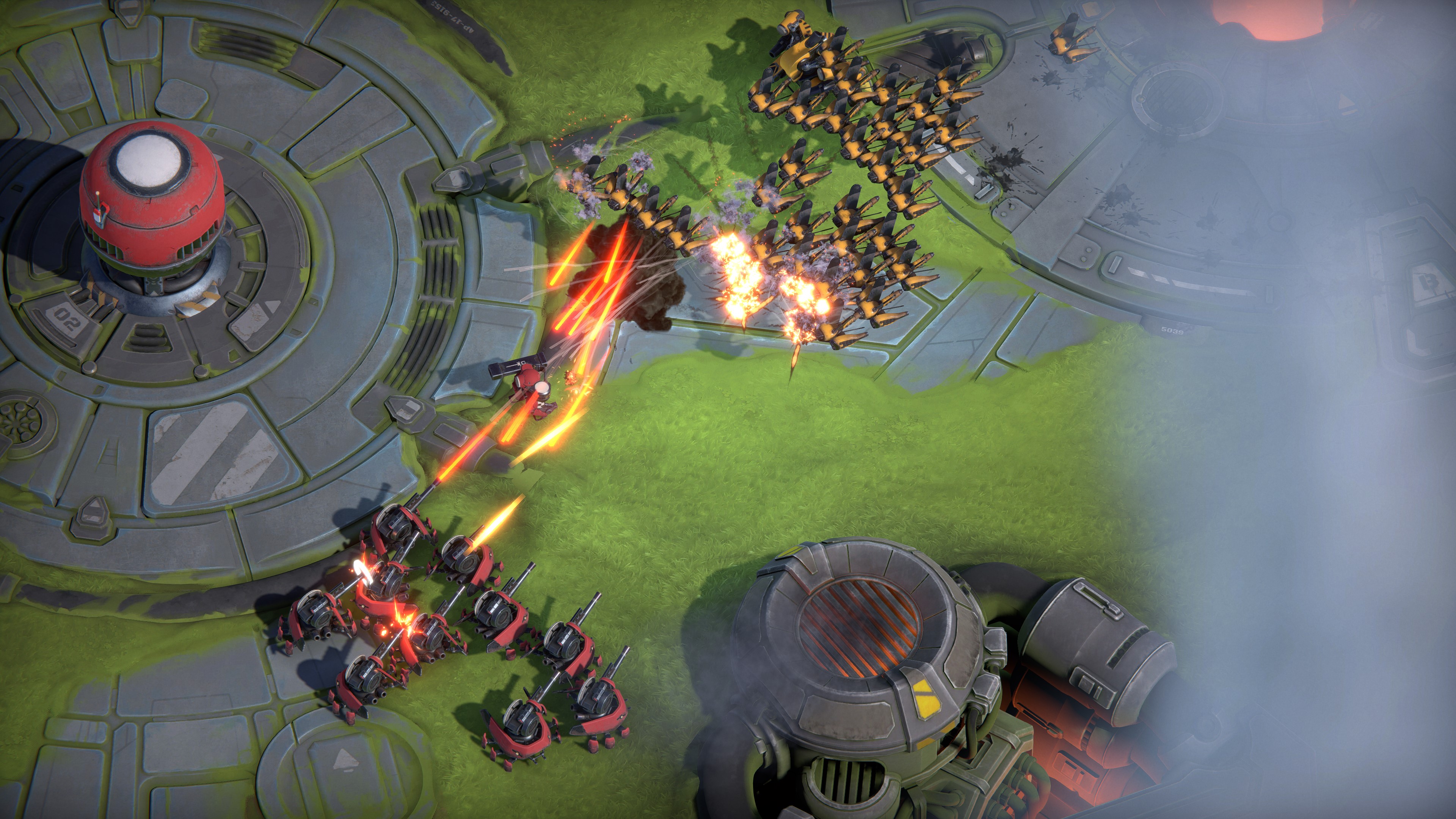 Units face off in front of a base in Battle Aces.