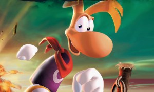 Key art of a Rayman game from Ubisoft. He's running close to the camera in a purple shirt and red bandana.