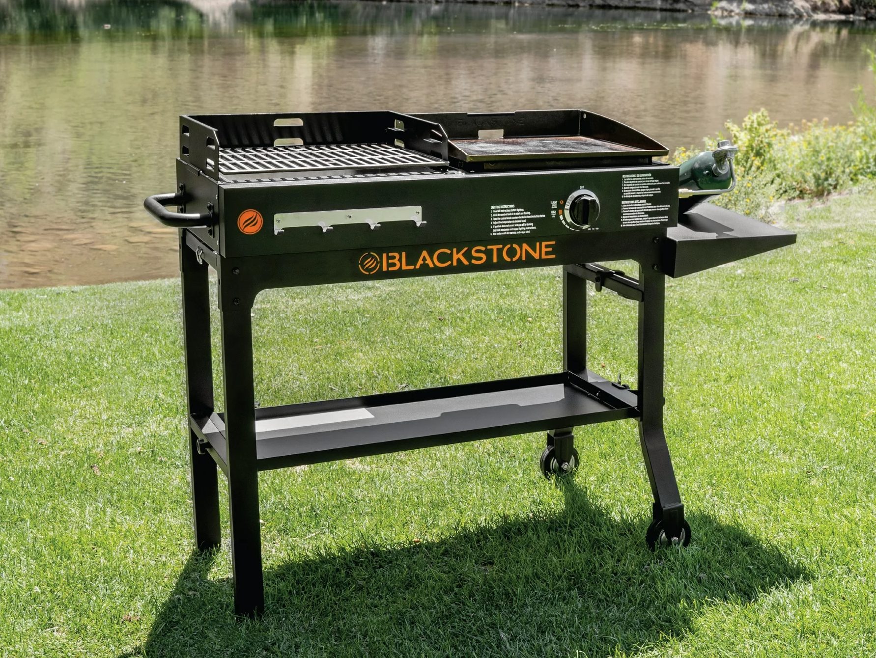 The Blackstone Duo 17-inch Propane Griddle and Charcoal Grill out on the lake.