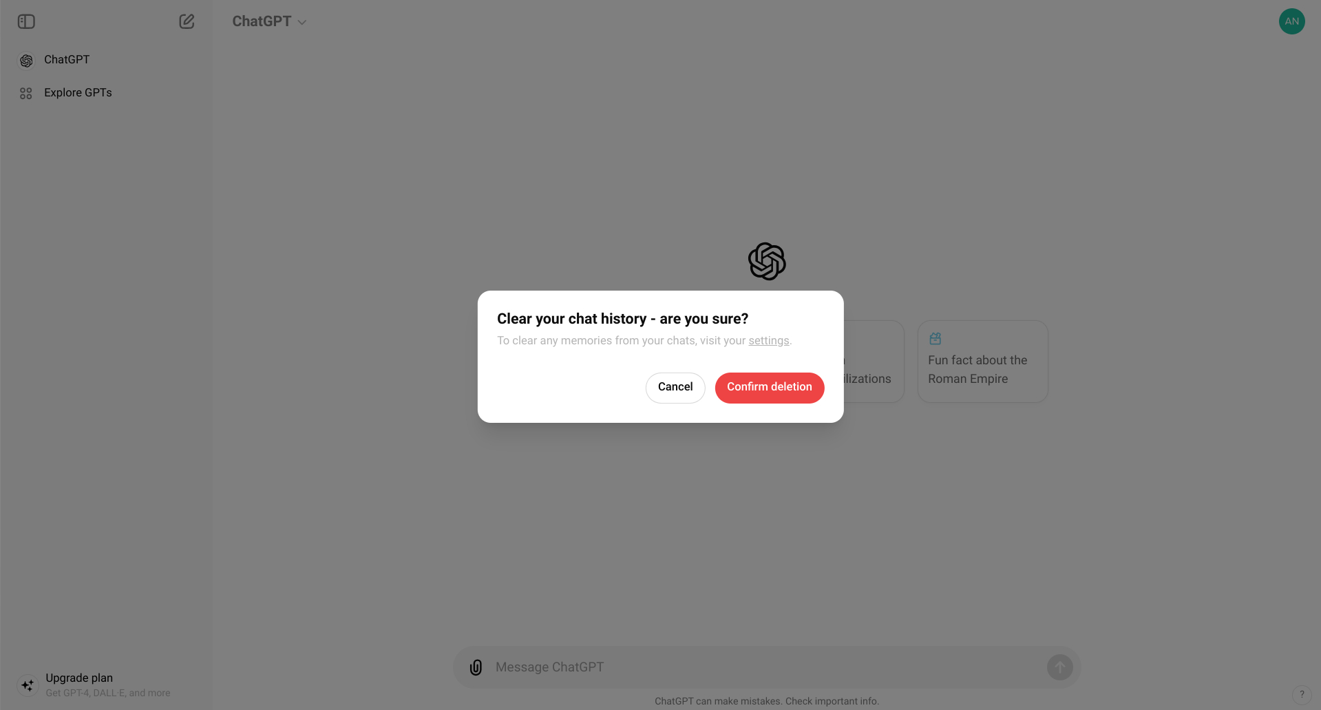 The ChatGPT delete all chats confirmation screen.