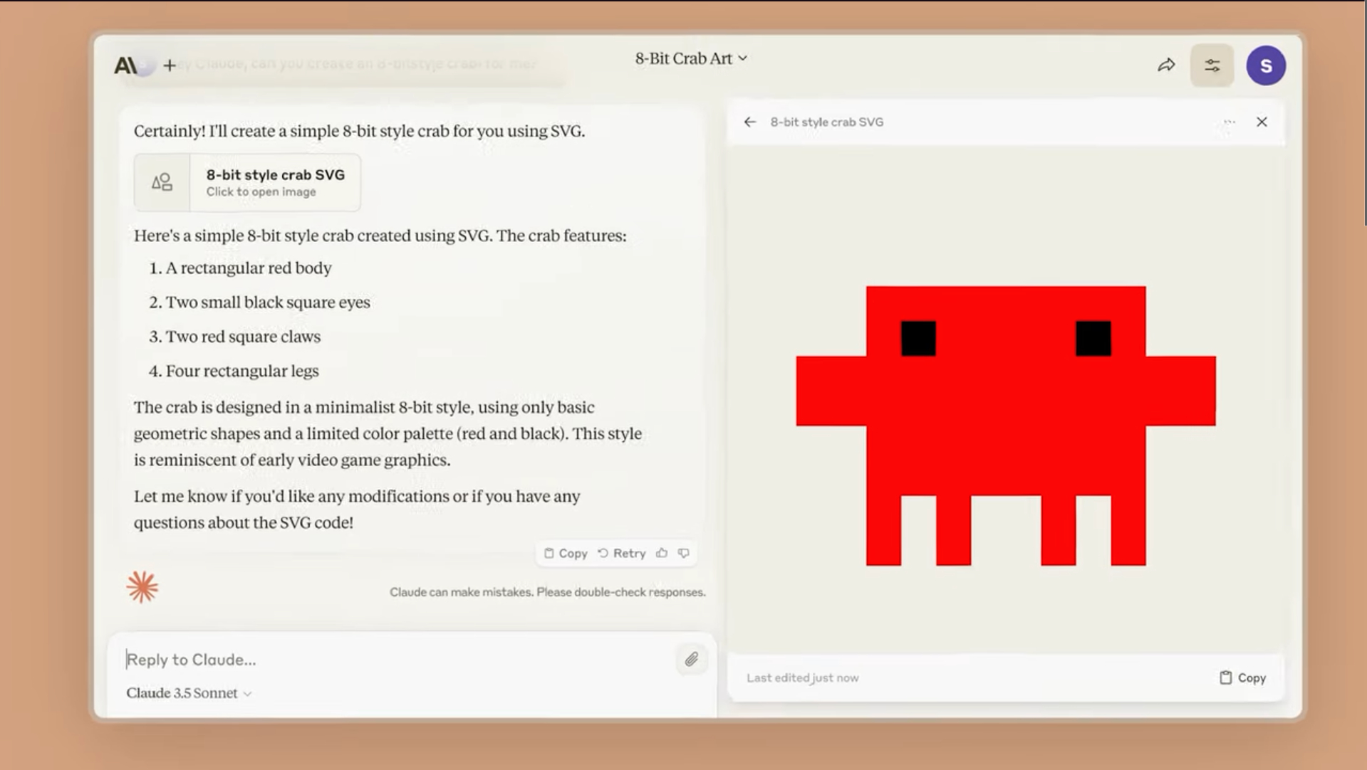 A screenshot of claude 3.5 sonnet, with an 8-bit crab.
