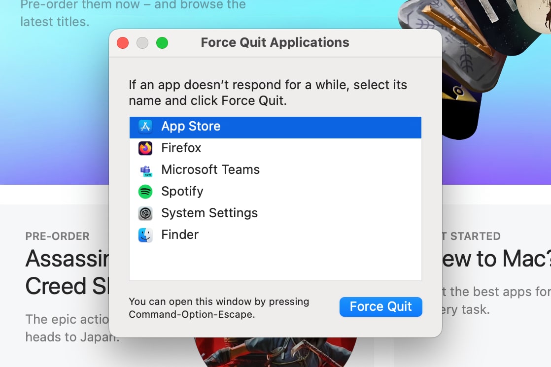 The Force Quit Applications menu in macOS.