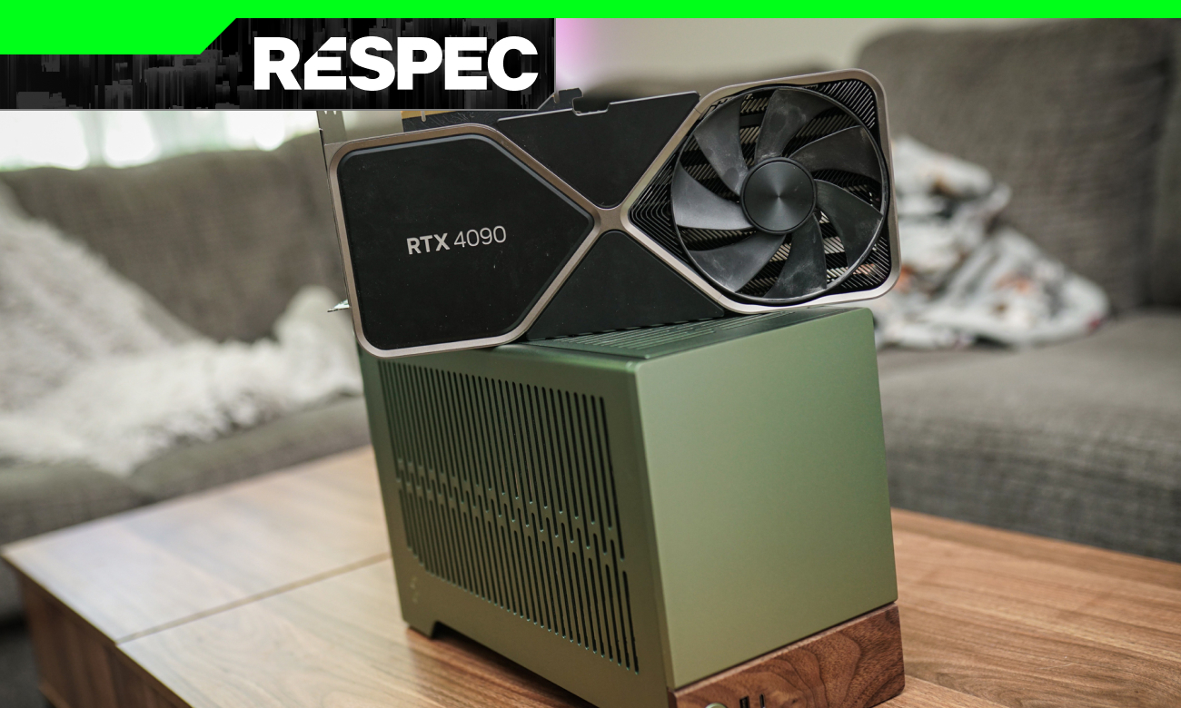 The RTX 4090 sitting on top of a PC.