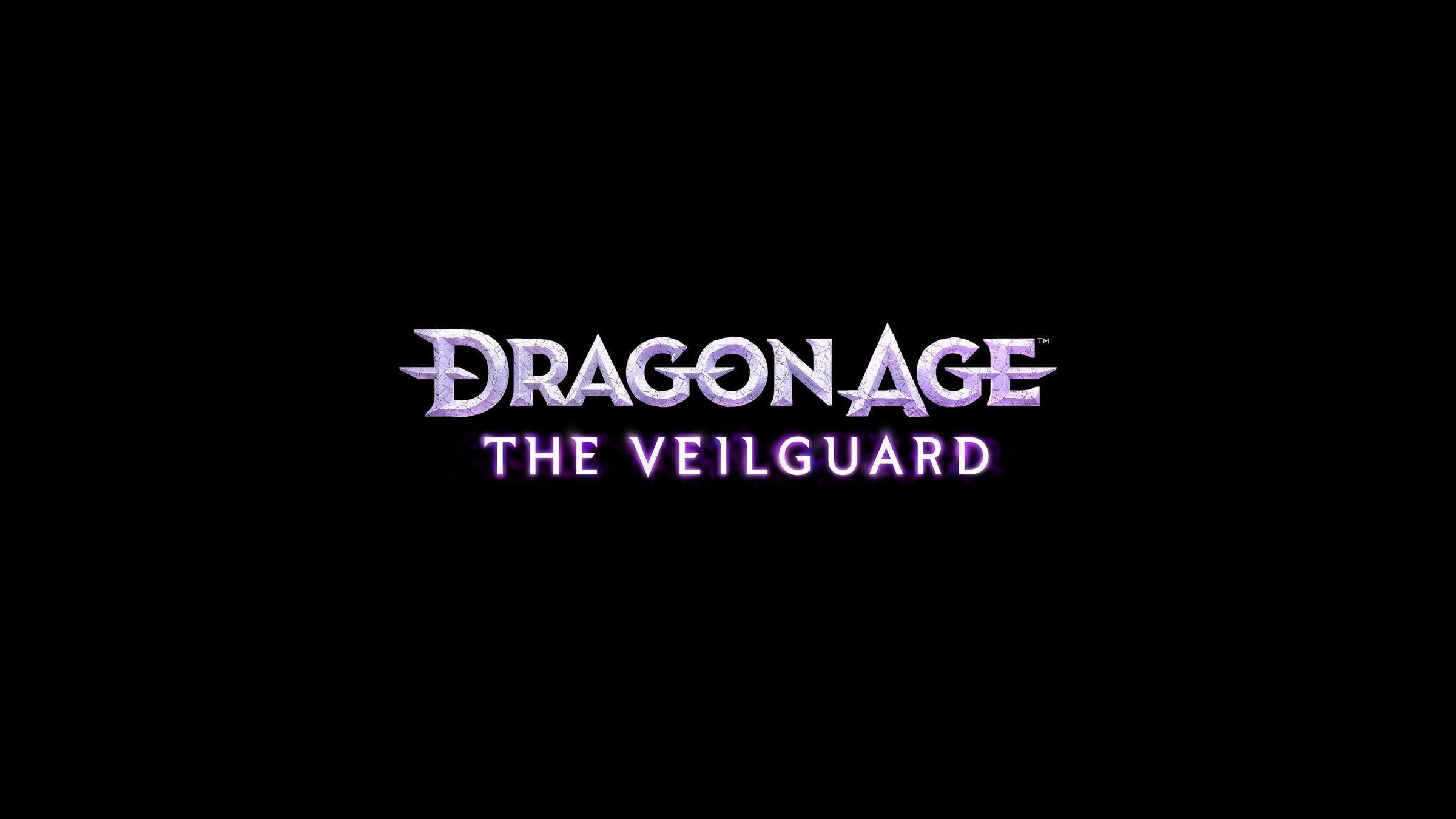 Логотип Dragon Age: The Veilguard — фиолетовый текст на черном фоне.