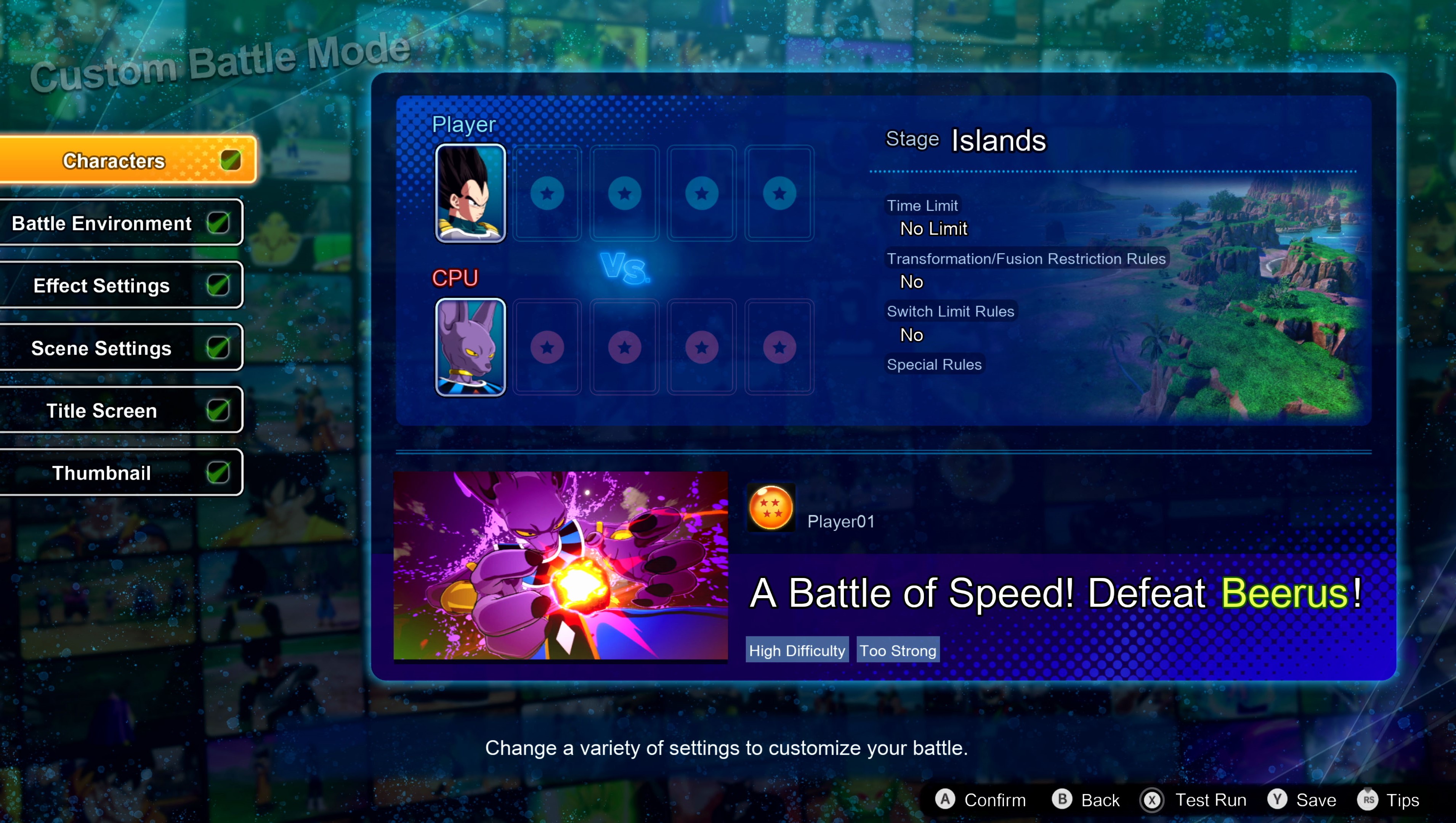 ¡El menú para el modo Batalla personalizada en Dragon Ball: Sparking! Cero.