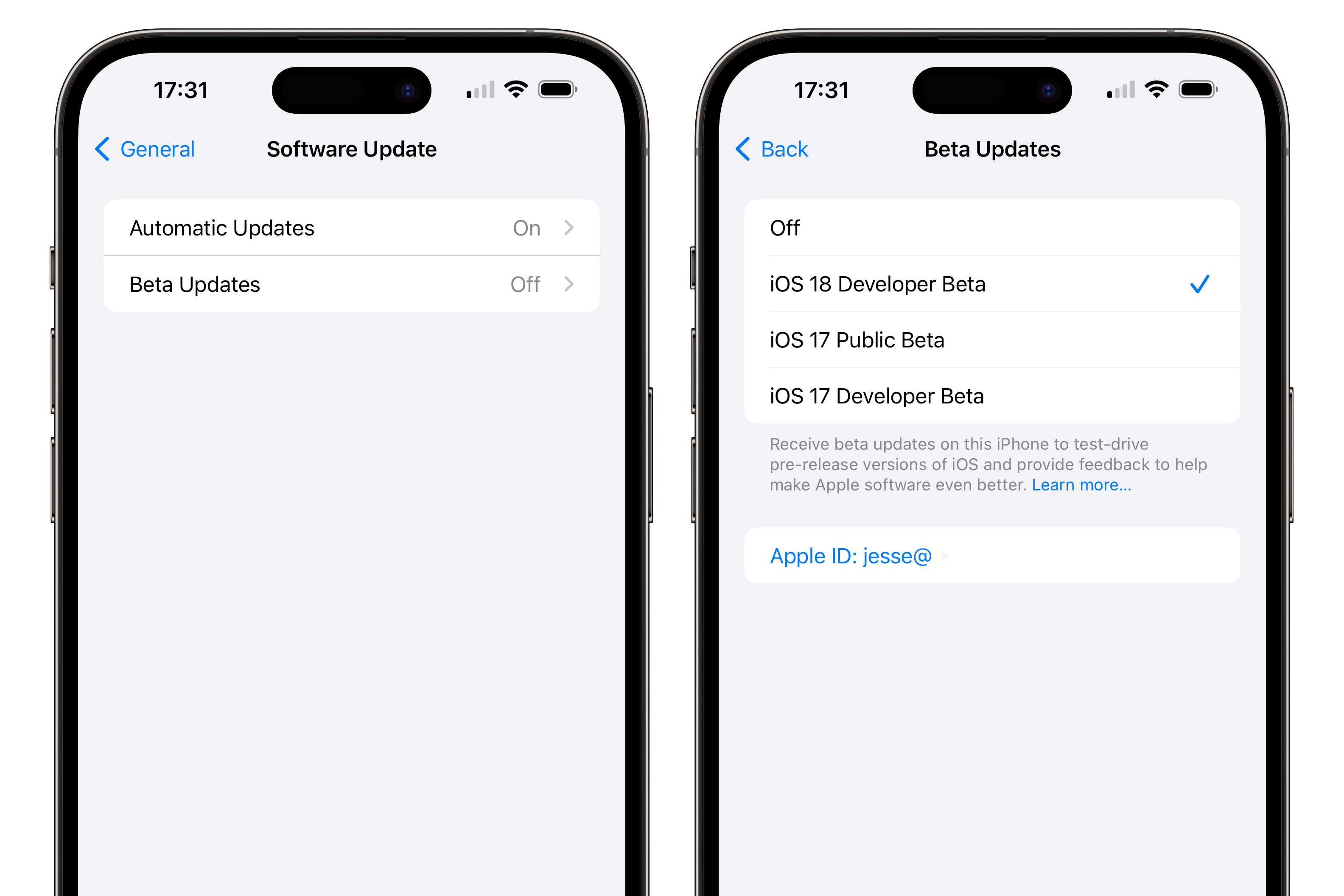iPhones showing settings to enable iOS 18 Developer Beta updates.