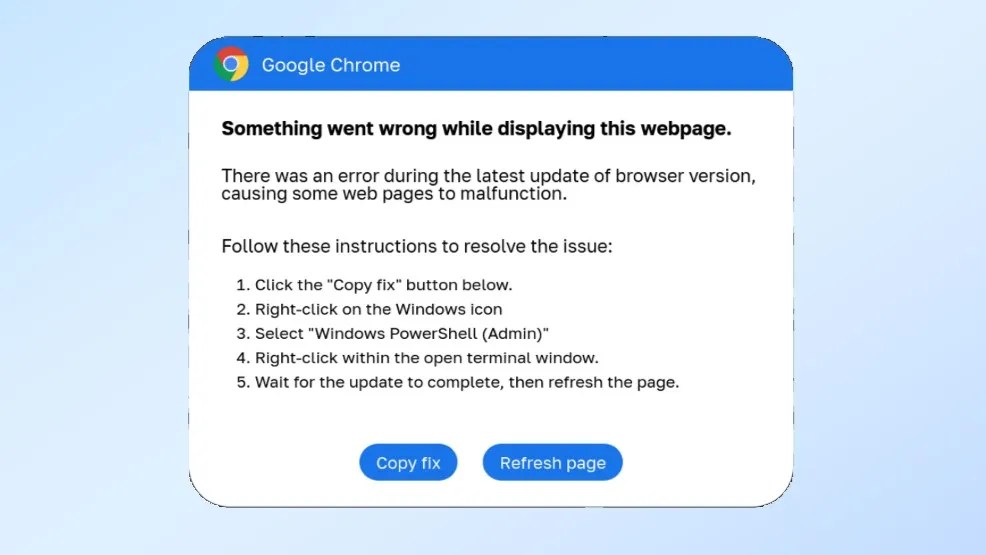 Example of the fake Chrome error hackers to trick people into installing malware.