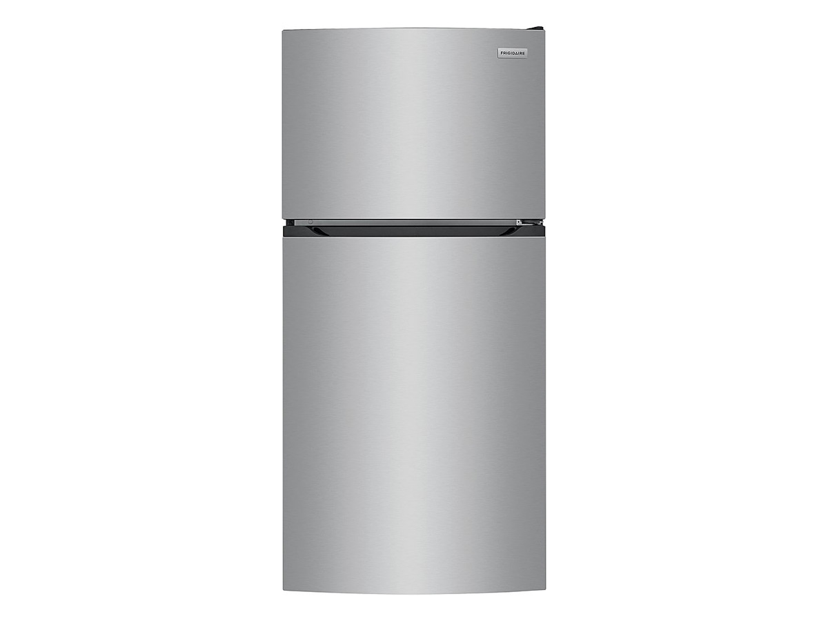 The Frigidaire 13.9 cu. ft. refrigerator in brushed steel against a white background.