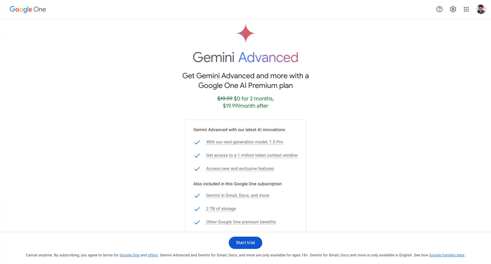 Google Gemini upgrade screen