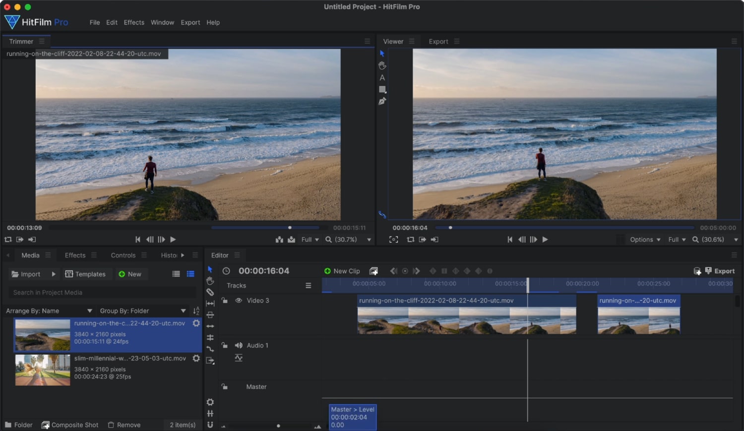 The HitFilm video-editing app's user interface in macOS.