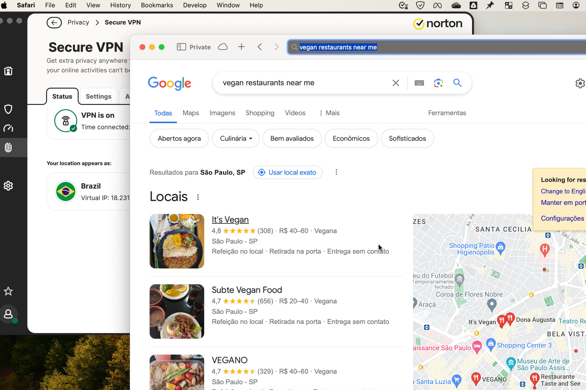 J'ai testé le VPN Norton avec une recherche Google de restaurants végétariens à proximité de chez moi.