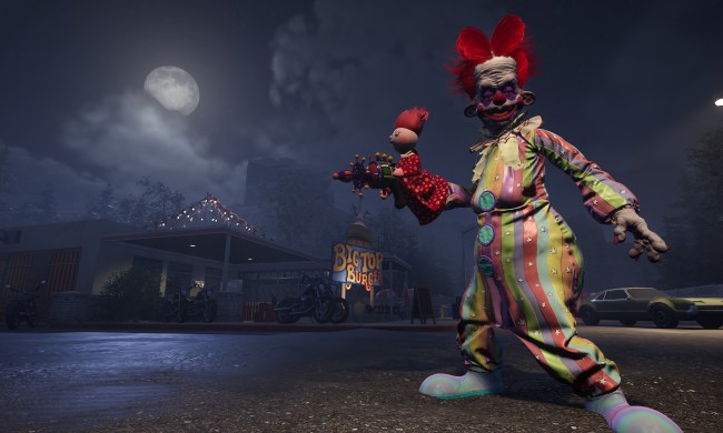 A scary clown with some sort of puppet gun in Killer Klowns from Outer Space.