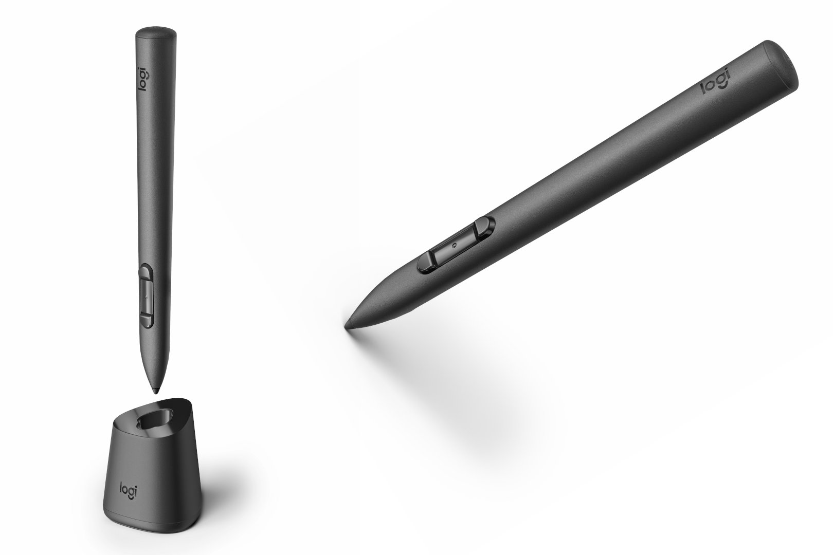 El lápiz óptico MX Ink y la base de carga MX Ink Well de Logitech aparecen sobre un fondo blanco.