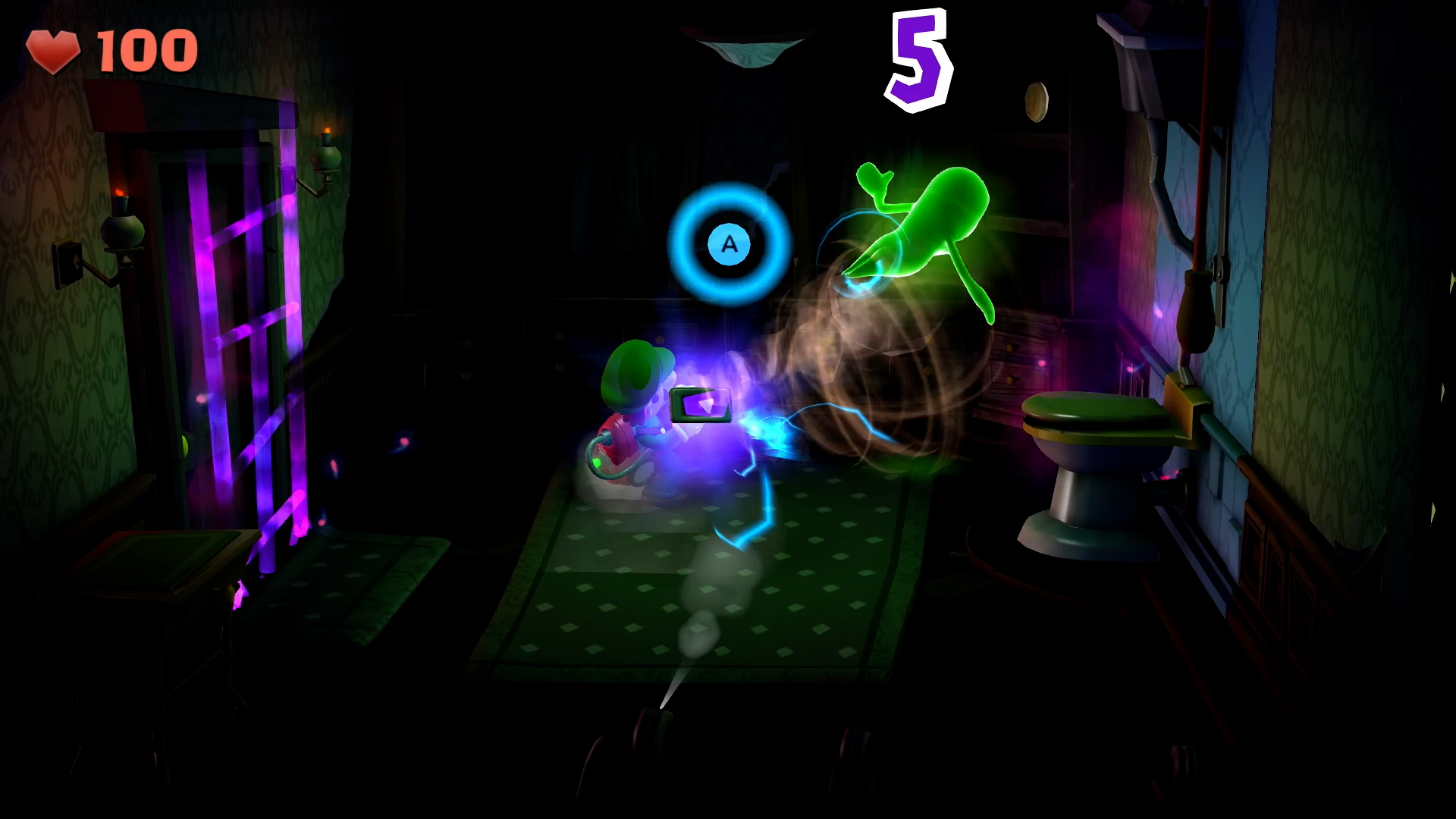 Luigi sucks up a ghost in Luigi's Mansion 2 HD.