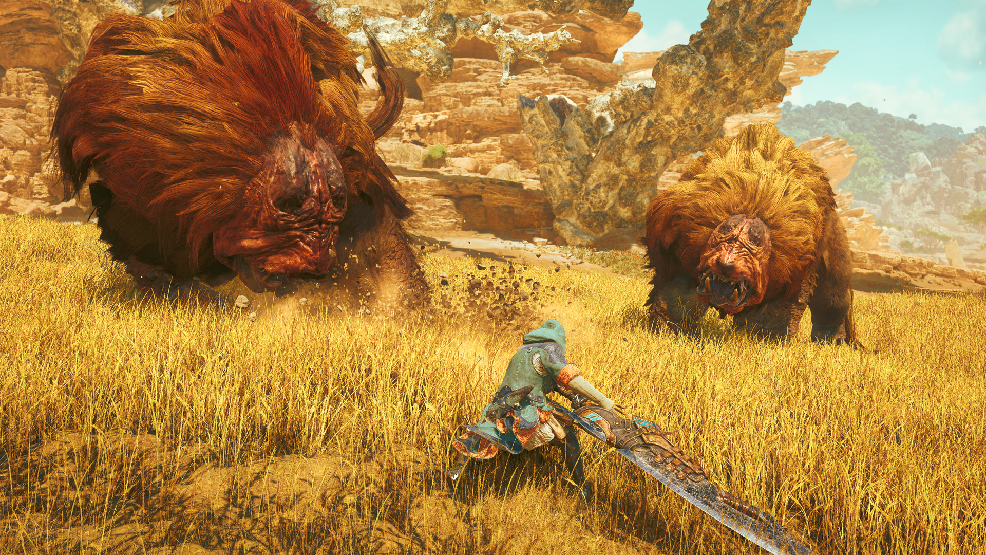 Un chasseur combat deux monstres à la fois dans Monster Hunter Wilds.