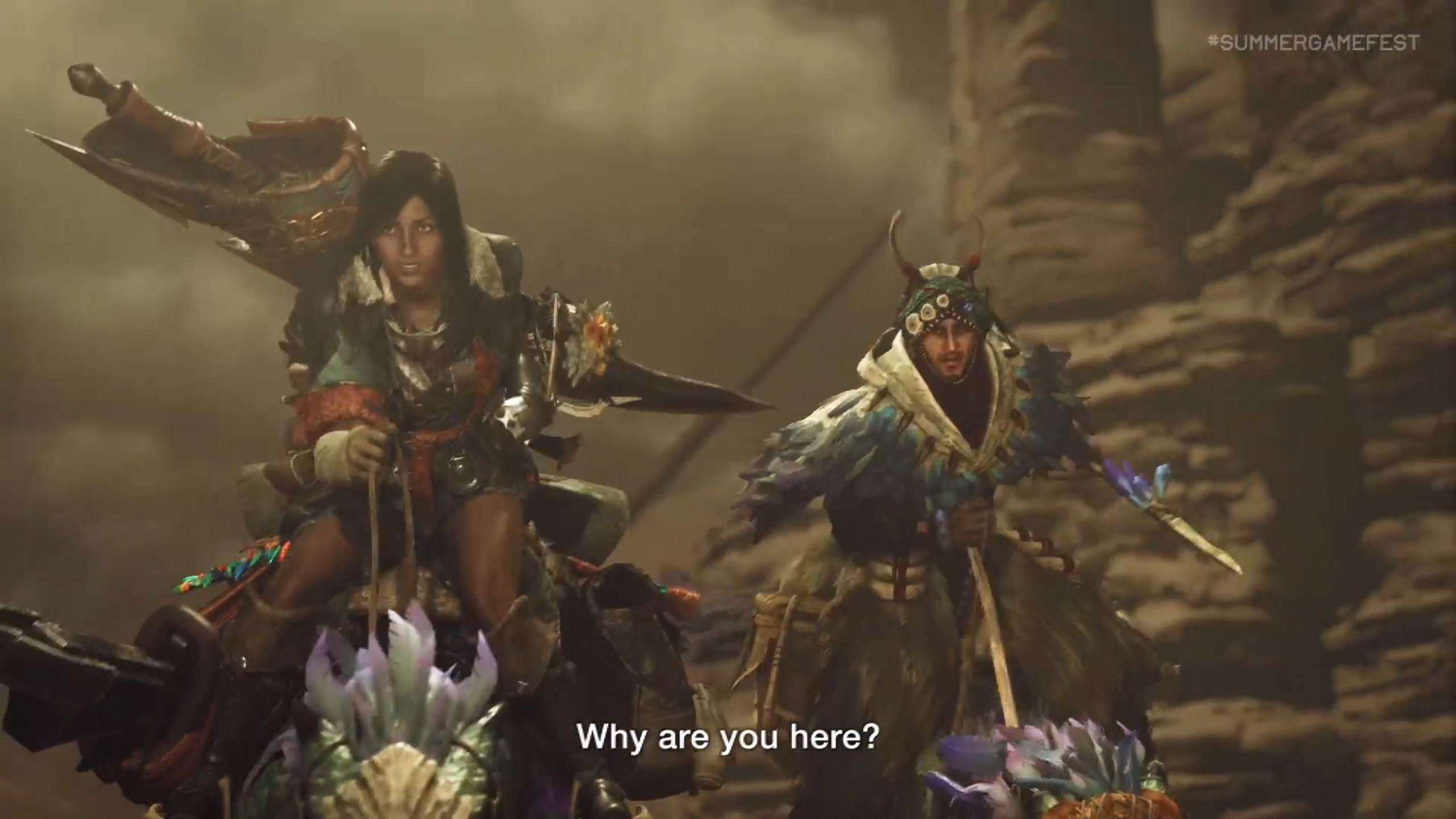 Two hunters ride mounts in Monster Hunter Wilds.