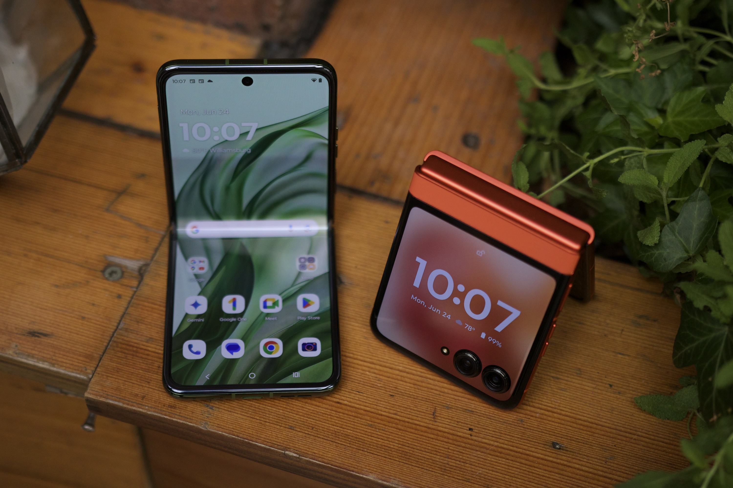 The Motorola Razr Plus (2024) and Razr (2024) next to each other.
