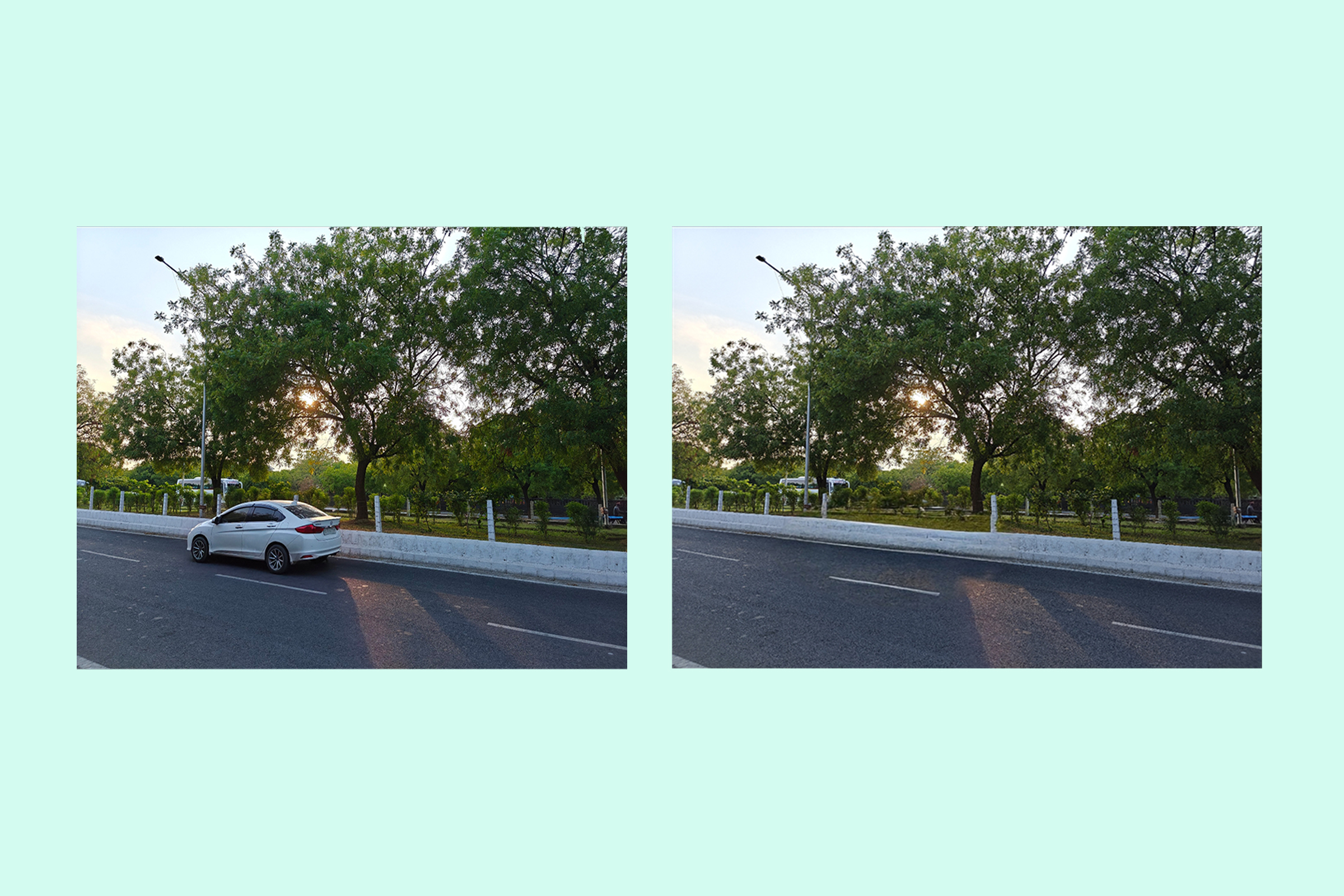 Realme के AI स्मार्ट रिमूवर का उपयोग किसी छवि से चलती कार को हटाने के लिए किया जाता है।
