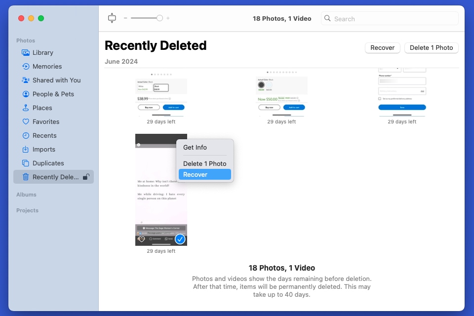 Recover a picture in Photos on Mac.