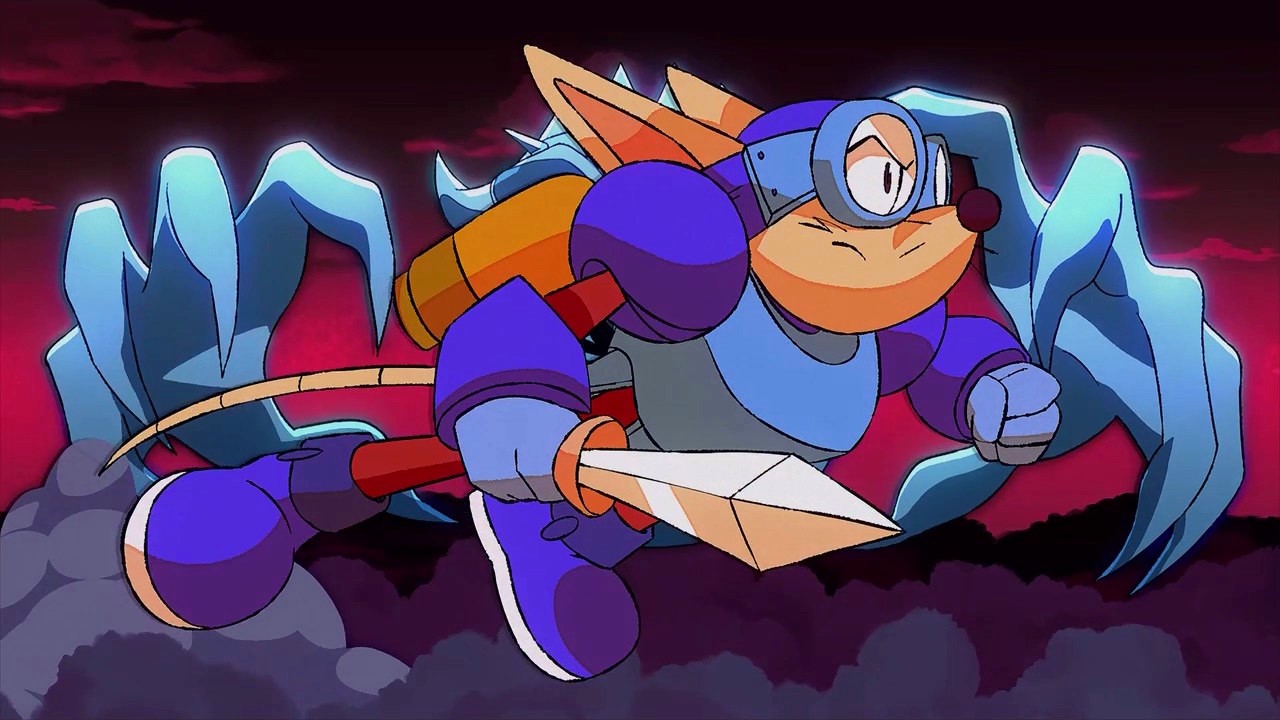 Rocket Knight flies around in Re-Sparked's opening cinematic.