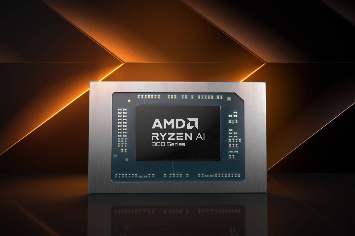 A render of the new Ryzen AI 300 chip on a gradient background.