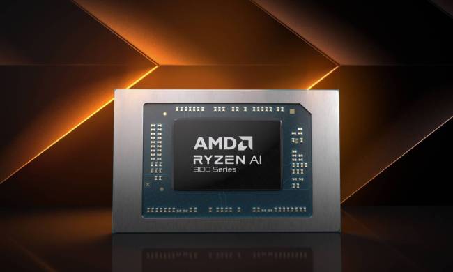 A render of the new Ryzen AI 300 chip on a gradient background.
