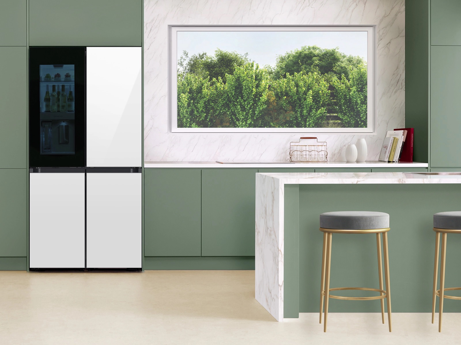 Refrigerador Samsung Bespoke Flex de 4 portas em uma cozinha.
