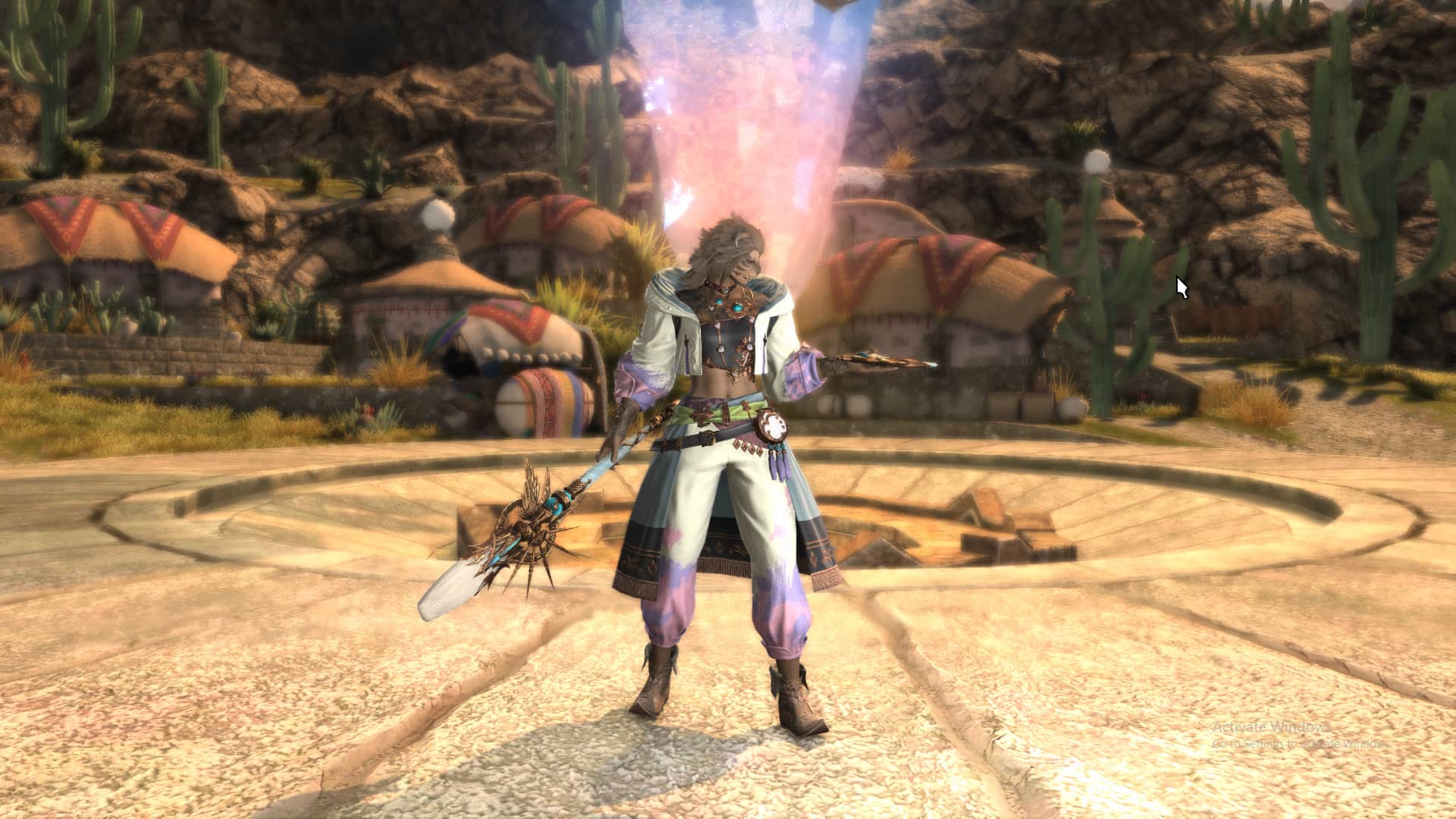 a female Hrothgar wielding the Pictomancer armor and weapon