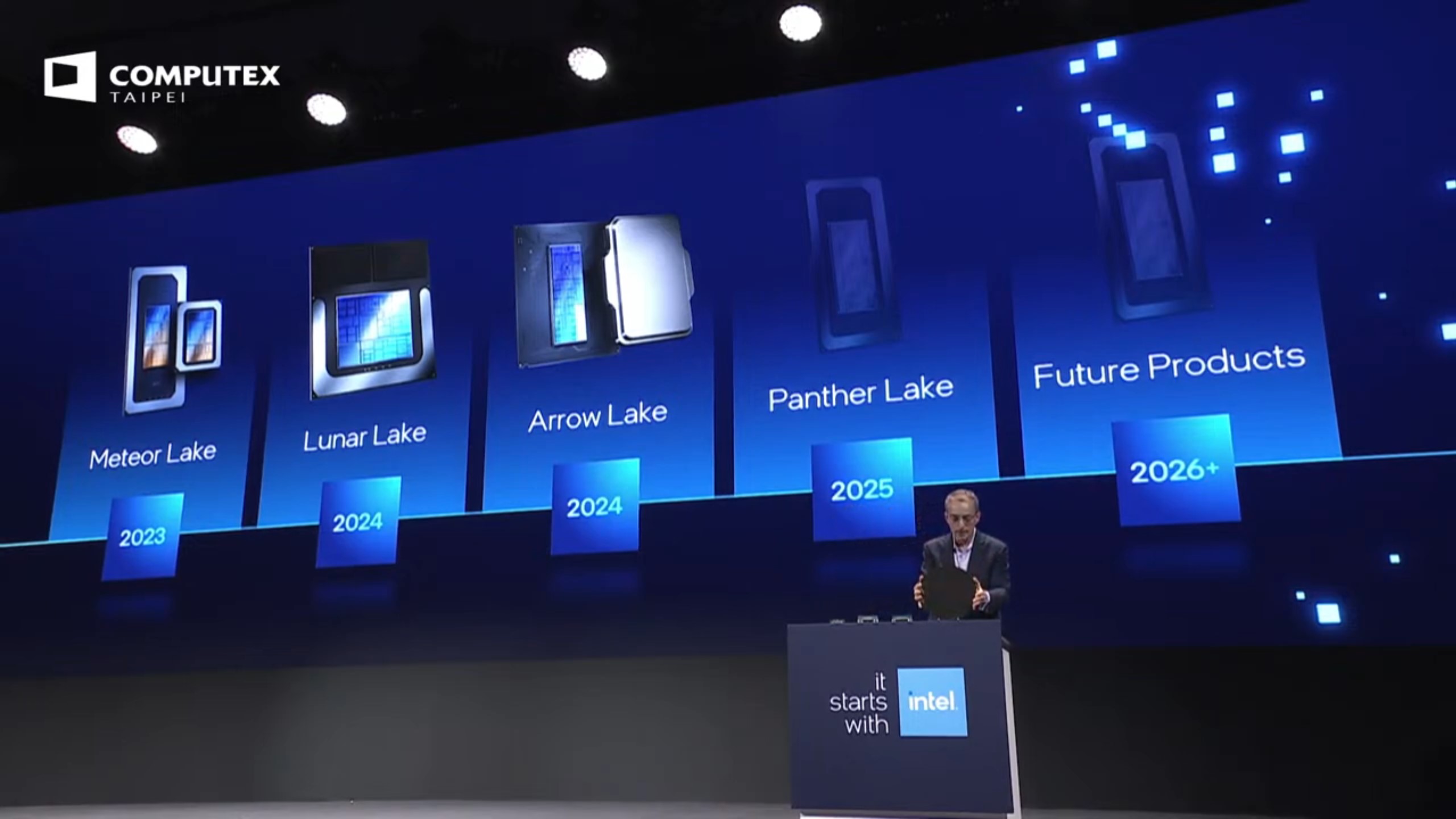 Intel CEO Pat Gelsinger presents Intel's roadmap including Arrow Lake, Lunar Lake, and Panther Lake.