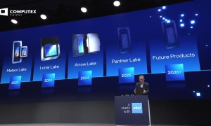 Intel CEO Pat Gelsinger presents Intel's roadmap including Arrow Lake, Lunar Lake, and Panther Lake.