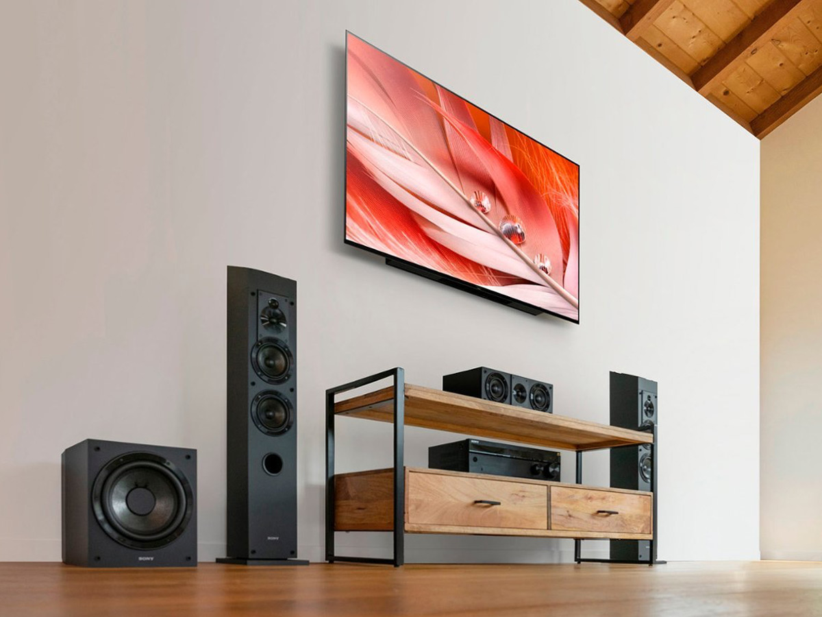 The Sony Core Series 10-inch subwoofer set up with a home theater arrangement.