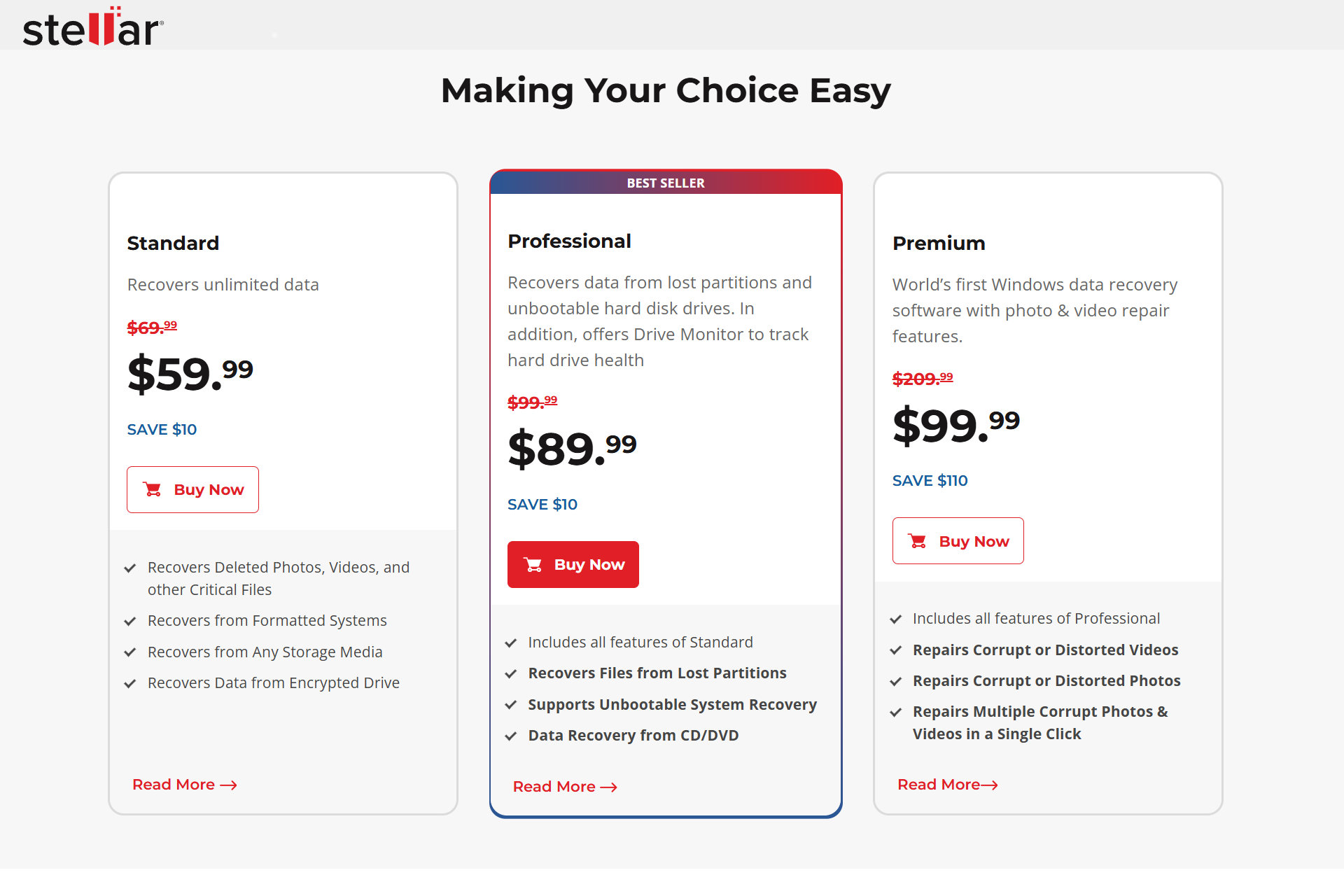 Stellar Data Recovery has three consumer subscription tiers.