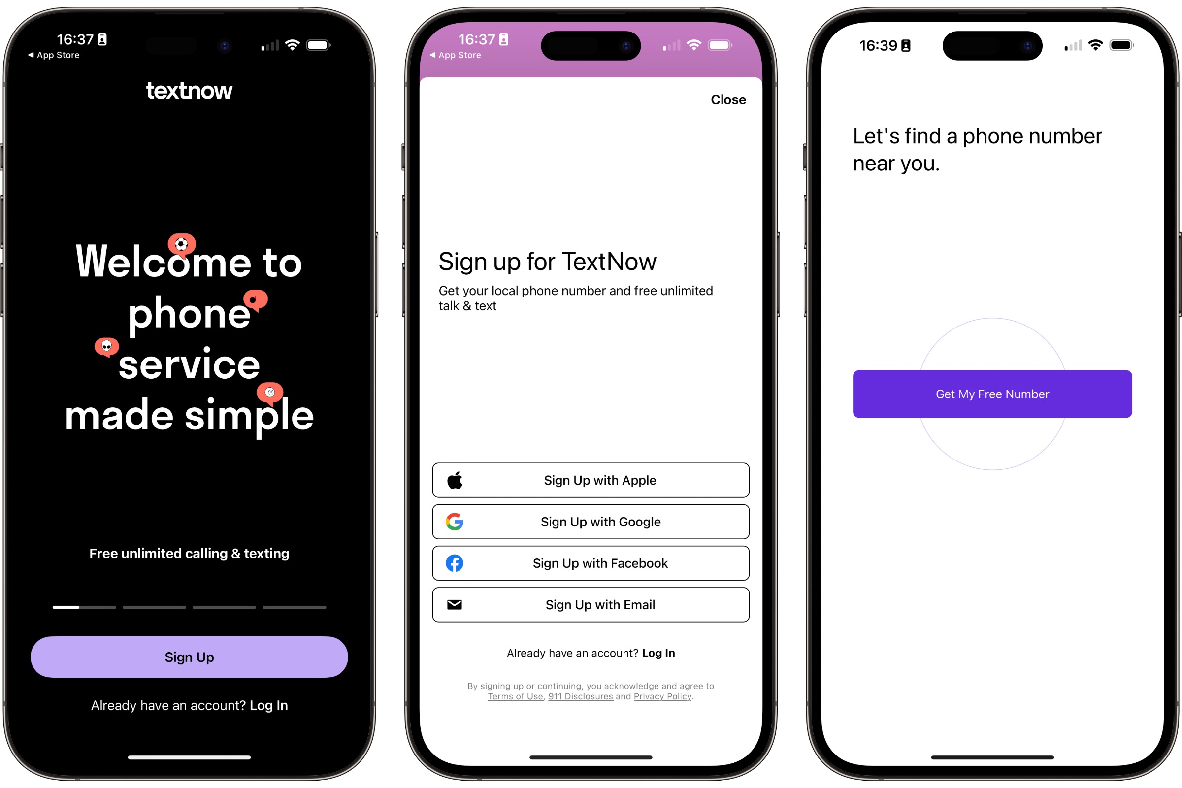 TextNow sign-up screens on iPhone.