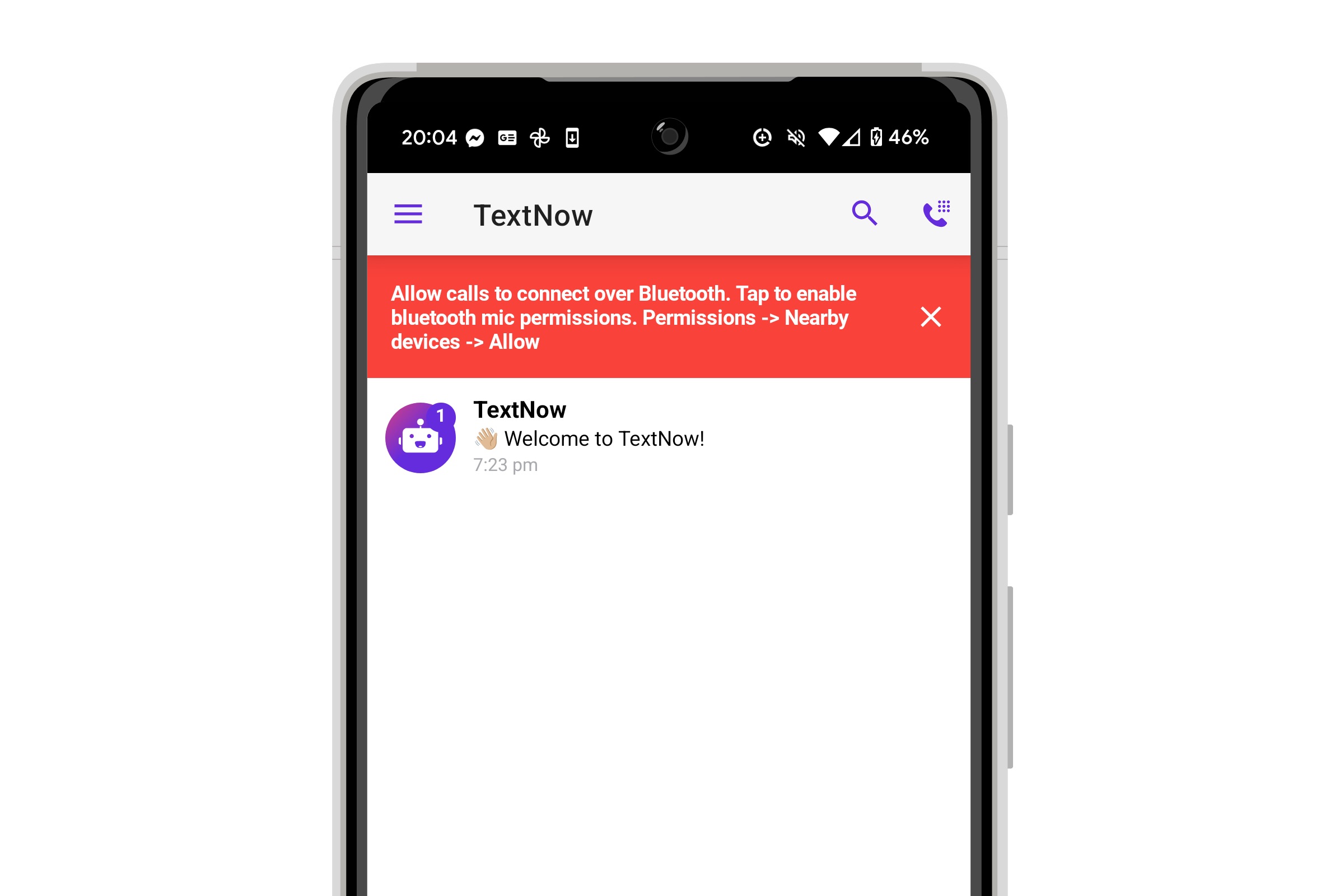 TextNow Bluetooth permissions banner on Android.