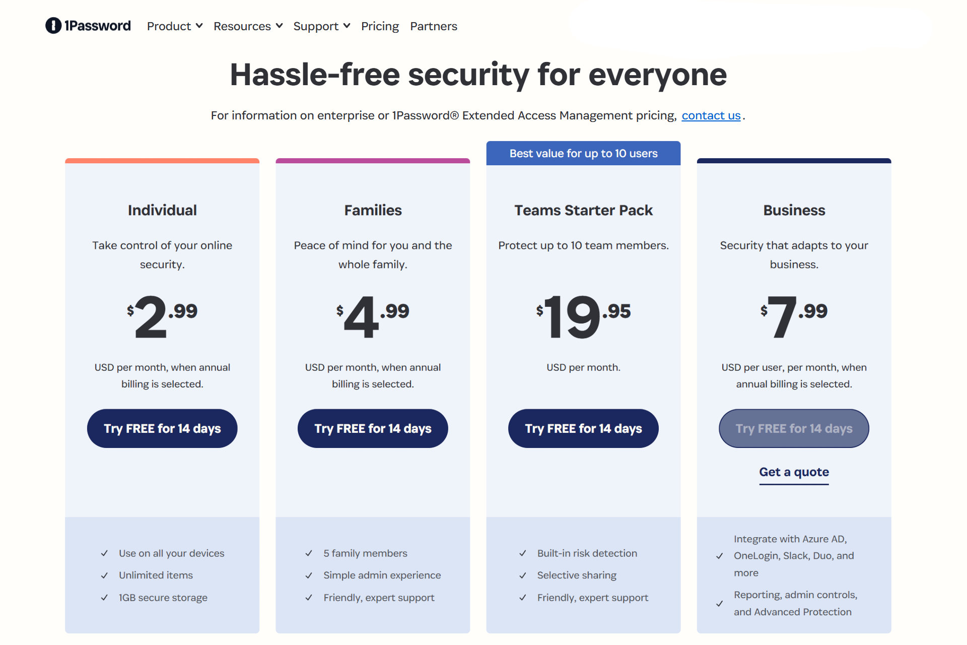 There isn't a free tier for 1Password but prices are affordable and there is a 14-day trial.