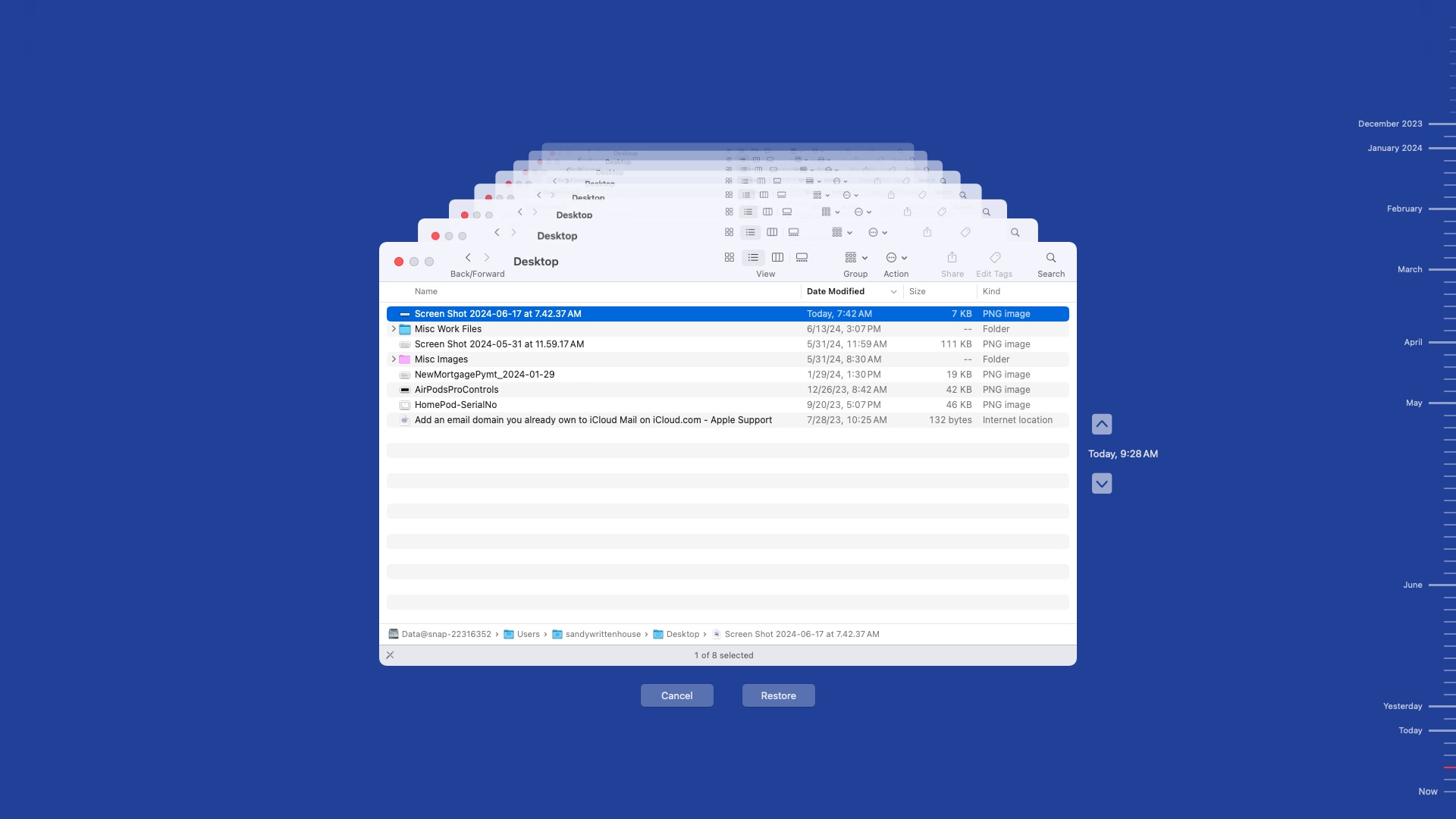 Restore a file in Time Machine on Mac.