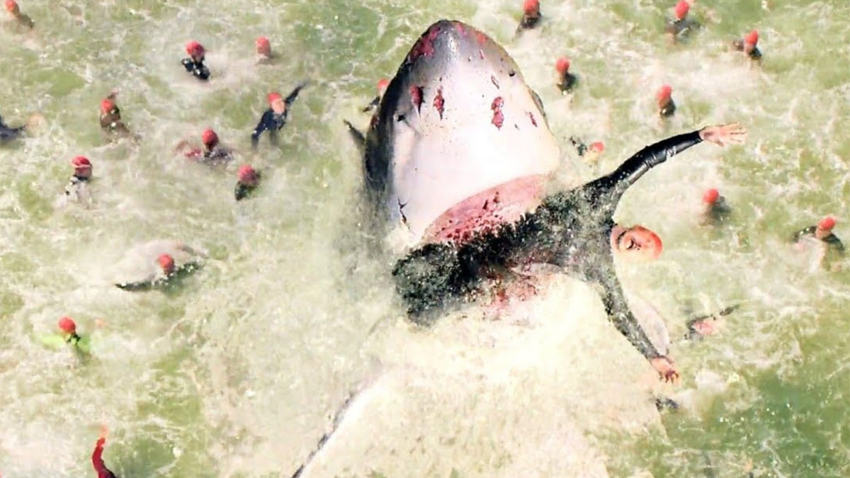 A very unconvincing CGI shark eats a man in Under Paris.