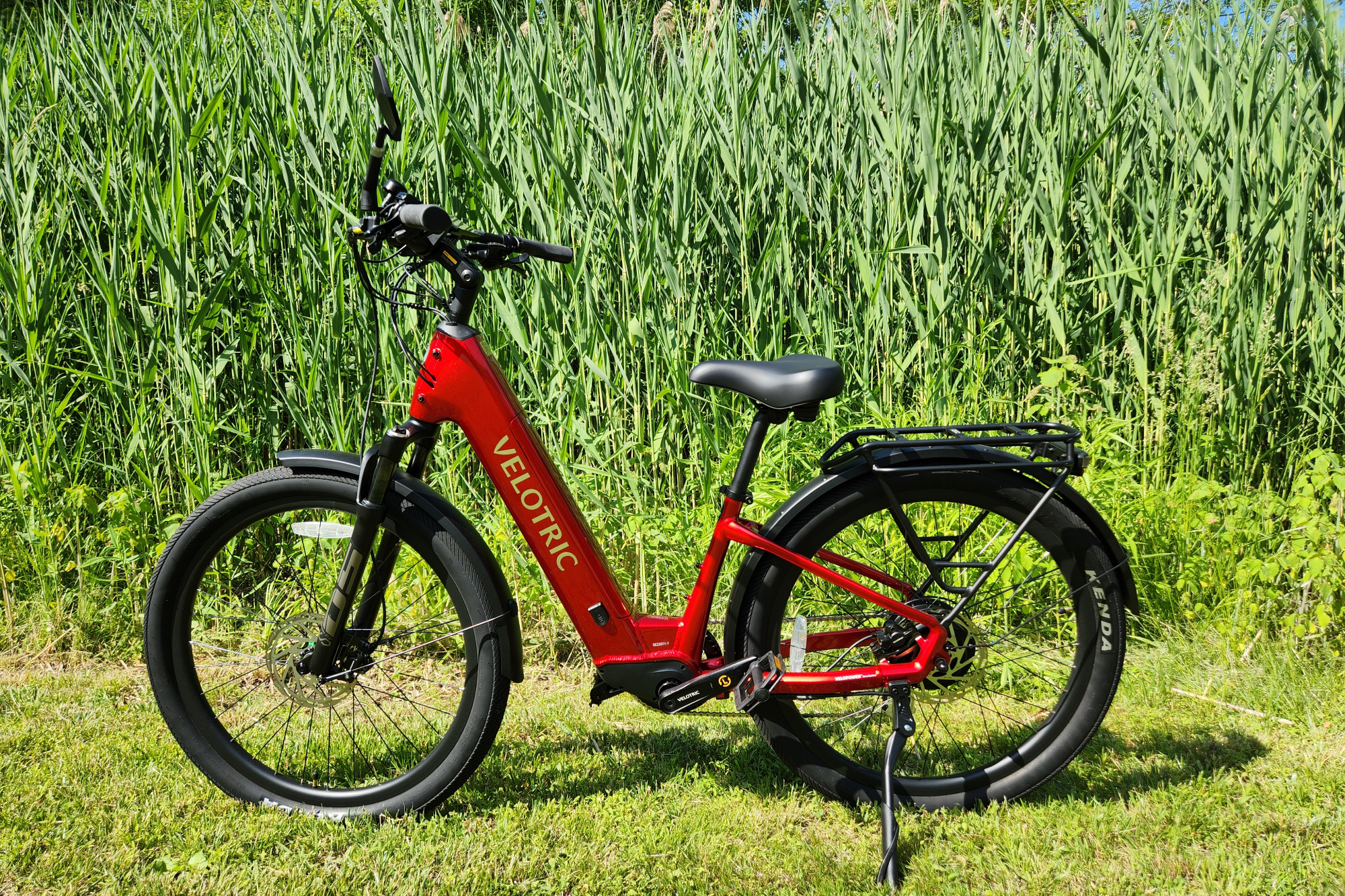 Velotric Discover 2 vista de perfil esquerdo estacionado perto de um lago com gramíneas aquáticas altas.