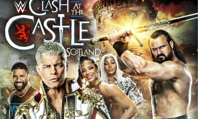 WWE wrestlers pose on the poster for Clash at the Castle.