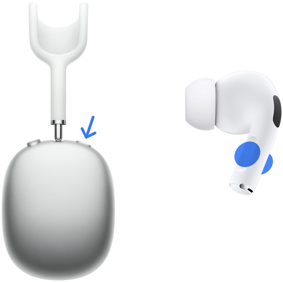 Image showing where the noise control buttons are on AirPods Max and AirPods Pro. 